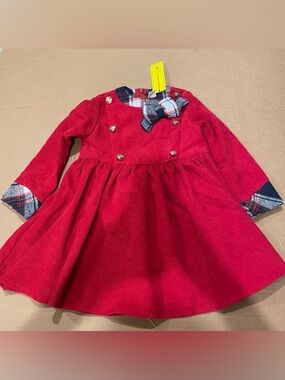 SHEIN Red Corduroy Baby Dress with Plaid Bow